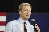 Democratic presidential candidate Tom Steyer speaks at a campaign event on climate change in Spartanburg, S.C., on Monday, Feb. 17, 2020. (AP Photo/Meg Kinnard)