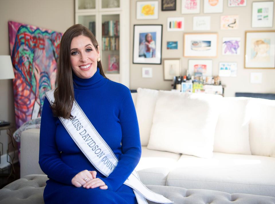 Mandi Kane, Miss Davidson County USA, pictured in her home in Nashville, Tenn., Thursday, Dec. 14, 2023, will compete in March 2024 for the Miss Tennessee USA crown.