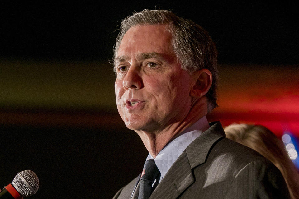 FILE - Rep. French Hill, R-Ark., speaks to his supporters at the Republican Party election night rally in Little Rock, Ark., Nov. 6, 2018. (AP Photo/Gareth Patterson, File)