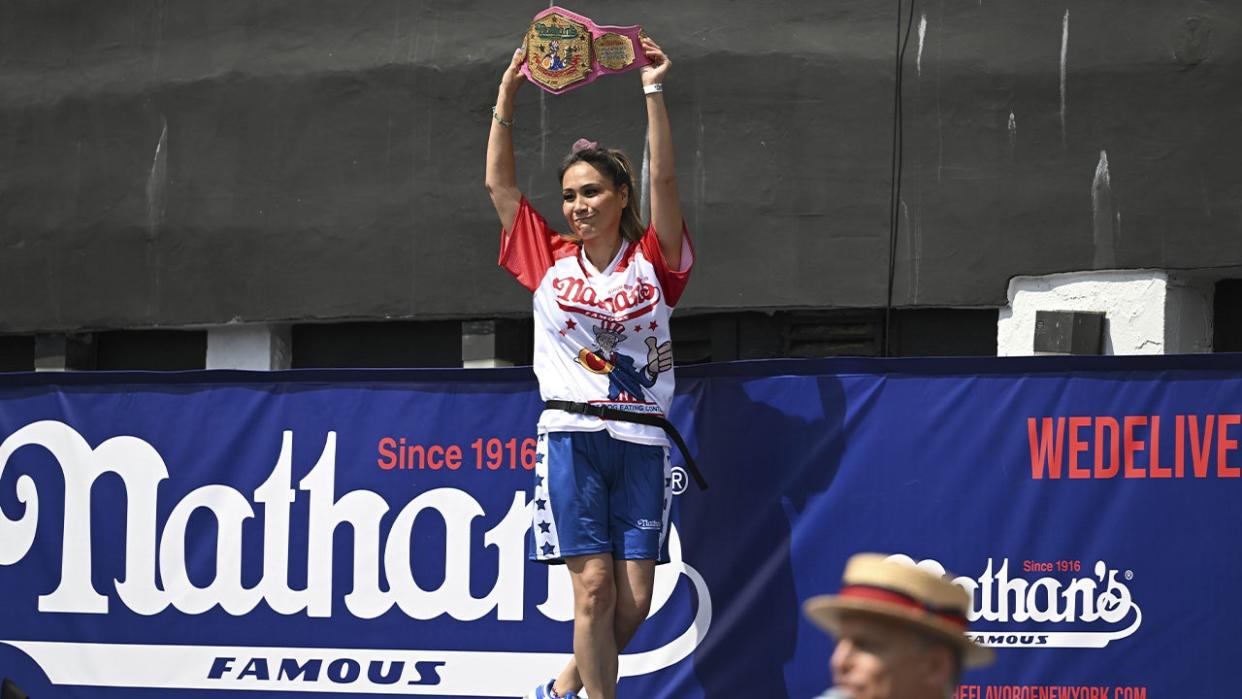 <div>NEW YORK, USA - JULY 04: Women's winner Miki Sudo celebrates after competing Nathan's Famous International Hot Dog Eating Contest in Coney Island of Brooklyn borough, New York City, United States on July 04, 2023. (Photo by Fatih AktaÅ/Anadolu Agency via Getty Images)</div>