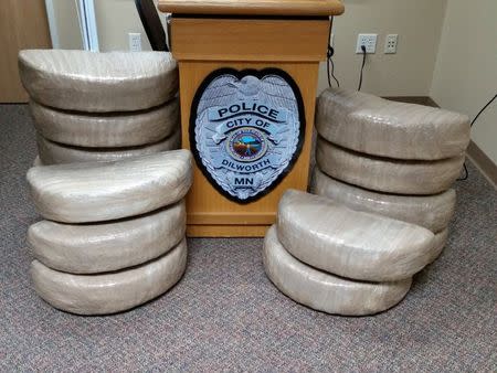 Dilworth Police Department Minnesota photo shows Marijuana found at the BNSF vehicle drop yard in Dilworth, Minnesota, U.S. on March 10, 2017. Courtesy of Dilworth Police Department Minnesota/Handout via REUTERS