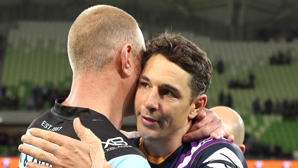 Luke Lewis and Billy Slater share a farewell embrace. Pic: Getty