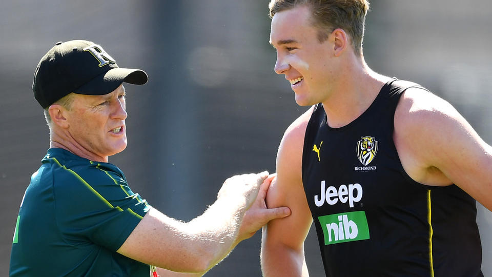 Richmond coach Damien Hardwick has launched an impassioned defence of star forward Tom Lynch, who has been heavily criticised for a string of striking offences. (Photo by Quinn Rooney/Getty Images)