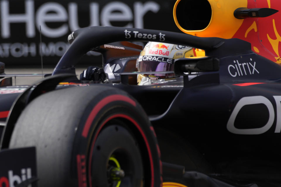 Red Bull driver Max Verstappen of the Netherlands steers his car during qualifying session at the Monaco racetrack, in Monaco, Saturday, May 28, 2022. The Formula one race will be held on Sunday. (AP Photo/Daniel Cole)
