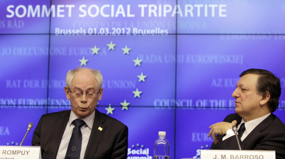 European Council President Herman Van Rompuy, left, and European Commission President Jose Manuel Barroso participate in a media conference at an EU summit in Brussels on Thursday, March 1, 2012. European leaders meet for a two-day summit aimed at tackling unemployment and boosting economic growth in the region. (AP Photo/Virginia Mayo)