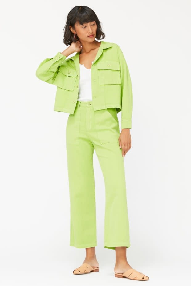 <p>Lacausa Hazel Jacket in Kiwi, $165, <a href="https://rstyle.me/+OT_D_UaMkNvFQc1QOzKR0A" rel="nofollow noopener" target="_blank" data-ylk="slk:available here;elm:context_link;itc:0;sec:content-canvas" class="link ">available here</a>; Lacausa Arlo Trousers in Kiwi, $150, <a href="https://rstyle.me/+qNnOE1acaJUAkAbPoQPOhg" rel="nofollow noopener" target="_blank" data-ylk="slk:available here;elm:context_link;itc:0;sec:content-canvas" class="link ">available here</a>. </p>