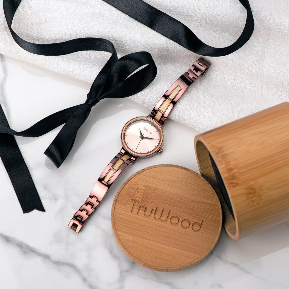 Made from 100% natural maple wooden inlays and a stainless steel case, TruWood&rsquo;s Venus collection is inspired by the Roman goddess Venus. For every item purchased, the company gives back to the planet by planting 10 trees per order.&lt;br&gt;&lt;br&gt; <strong><a href="https://www.mytruwood.com/collections/womens-watches/products/truwood-venus-java-wooden-watch">TruWood: Venus Java Watch, $199</a></strong>