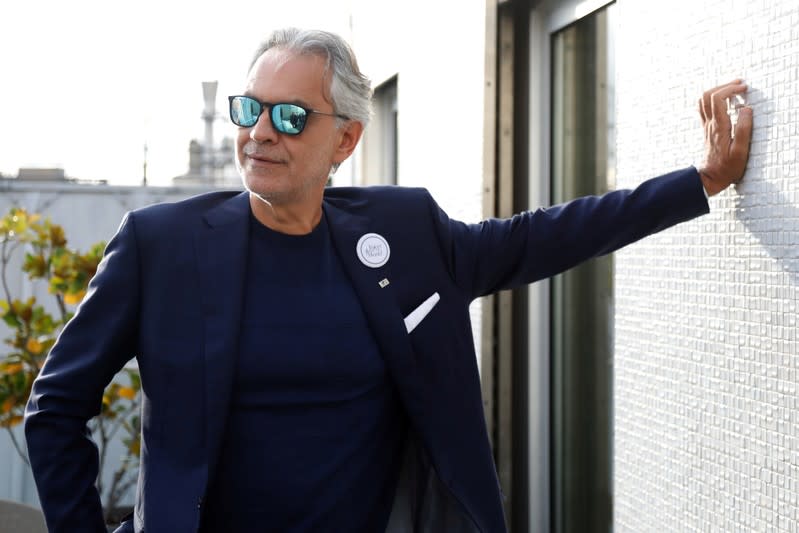 Italian opera singer Andrea Bocelli poses after a news conference about his work with UNESCO programme "Voices of the World" in Paris