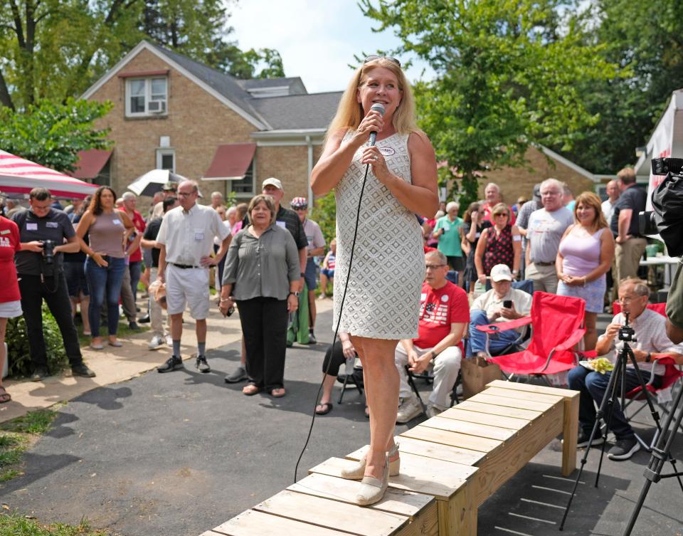 State Rep. Amy Loudenbeck, running for Wisconsin secretary of state speaks during the 53rd Chicken Burn on West Potter Road in Wauwatosa on Sunday, Aug. 28, 2022.