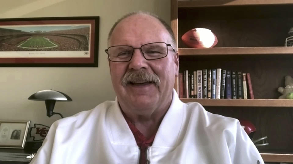 In this still image from video provided by the NFL, Kansas City Chiefs head coach Andy Reid speaks during Super Bowl 55 Opening Night, Monday, Feb. 1, 2021. (NFL via AP)