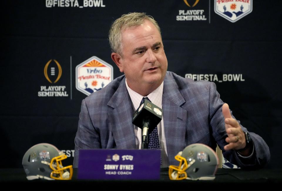 TCU Horned Frogs head coach Sonny Dykes speaks during the Vrbo Fiesta Bowl news conference at Camelback Inn in Scottsdale on Dec. 30, 2022.