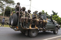 Kenya army soldiers patrol around Nairobi, Kenya Thursday, June 27, 2024. Heavy security was deployed Thursday in Kenya's capital Nairobi ahead of planned protests against a controversial finance bill, despite the president's decision not to sign it after the plans sparked deadly chaos in the capital Tuesday and saw protesters storming and burning part of the parliament building. (AP Photo/Brian Inganga)