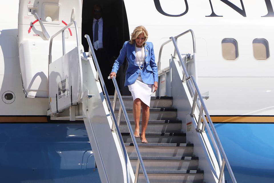 First lady Jill Biden arrives at Dane County Regional Airport in Madison, Wis., ahead of a visit to the cancer diagnostics company Exact Sciences, Thursday, Aug. 31, 2023.