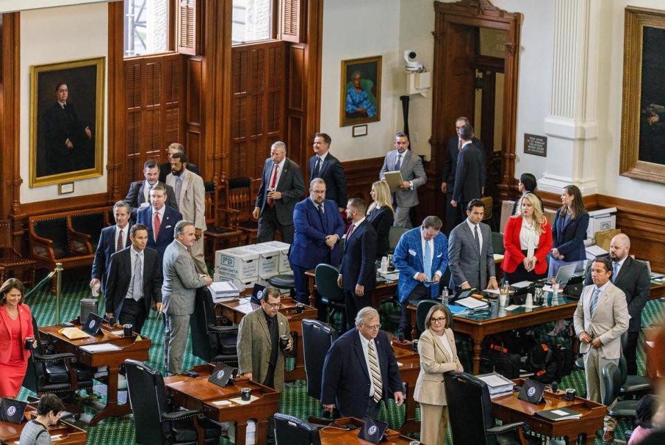 Jurymembers are led onto the Senate floor on the morning of Sept. 11, 2023. Sept. 11 marked the fifth day of Ken Paxton's impeachment trial in the Texas Senate.