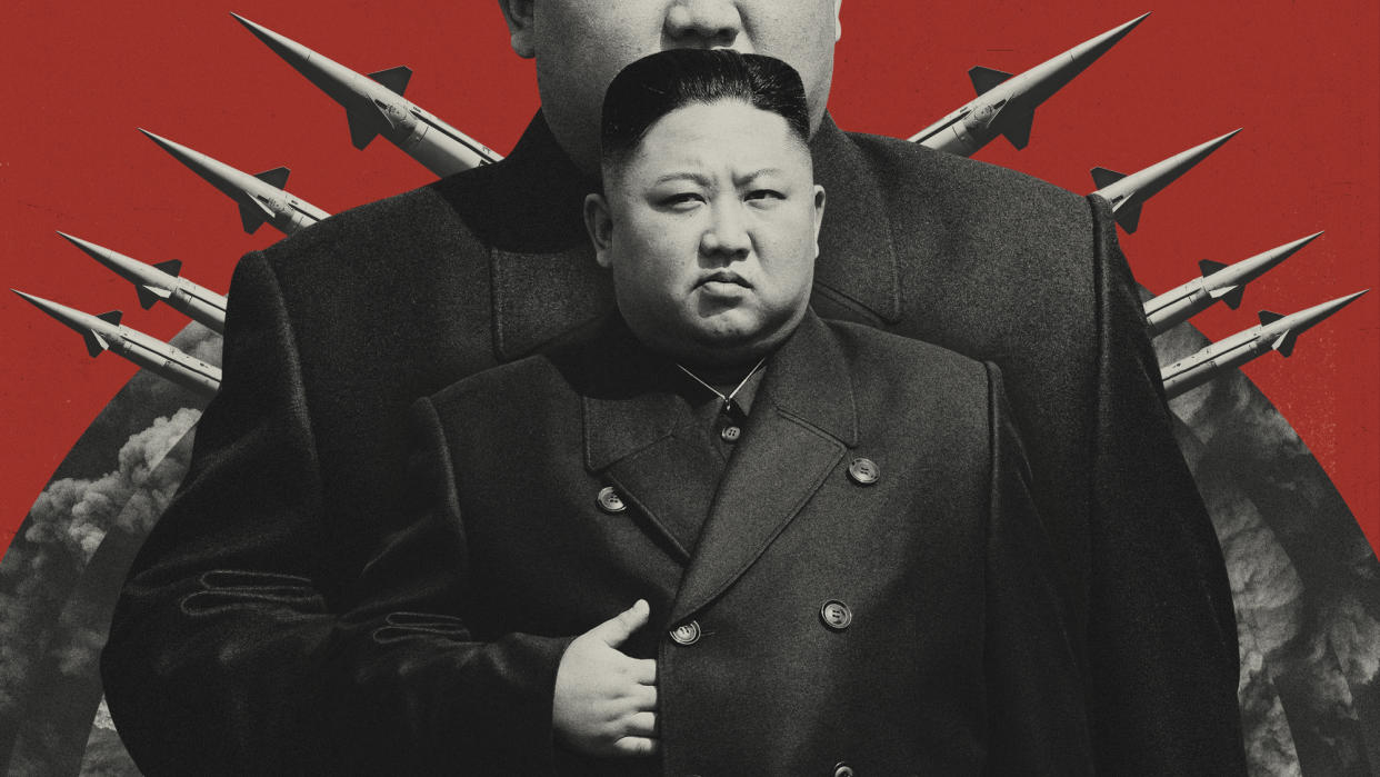  Photo composite of Kim Jong Un backed by missiles. 