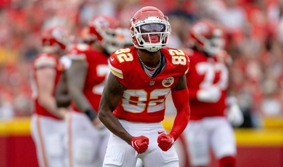 Kansas City Chiefs wide receiver Ihmir Smith-Marsette celebrates a first-down reception against the Cleveland Browns during an NFL preseason football game on Saturday, Aug. 26, 2023, in Kansas City.