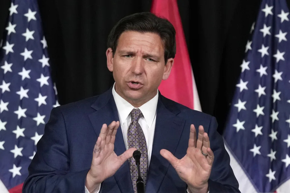 FILE - Florida Gov. Ron DeSantis speaks as he announces a proposal for Digital Bill of Rights, Feb. 15, 2023, at Palm Beach Atlantic University in West Palm Beach, Fla. DeSantis last month urged the Supreme Court to revisit libel laws, saying they are used to smear politicians and discourage people from running for office. A bill being considered in the Florida legislature would significantly weaken standards in the state. (AP Photo/Wilfredo Lee, File)