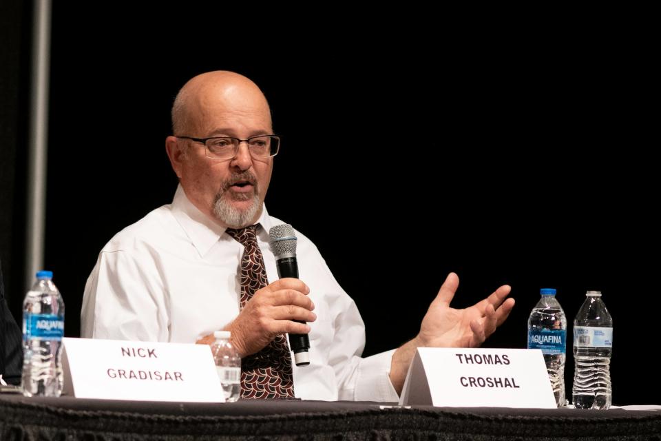 Thomas Croshal speaks as a candidate for Pueblo Mayor during the 2023 Greater Pueblo Chamber of Commerce candidate debates at Memorial Hall on Thursday, October 5, 2023.