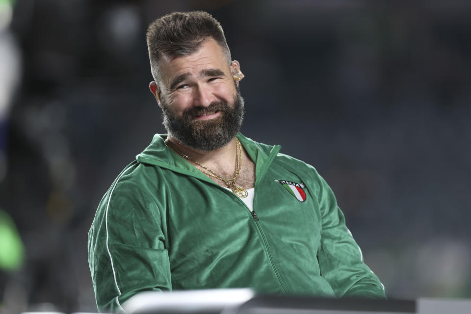 Former Philadelphia Eagles player Jason Kelce sits on the NFL ESPN Monday Night football set inside Lincoln Financial Field before a game between the Eagles and the Atlanta Falcons, Monday, Sept. 16, 2024, in Philadelphia. (Monica Herndon/The Philadelphia Inquirer via AP)