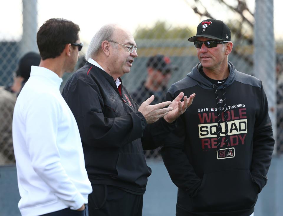 Arizona Diamondbacks GM Mike Hazen, managing general partner Ken Kendrick and manager Torey Lovullo during spring training workouts on Feb. 19 at Salt River Fields in Scottsdale, Ariz.