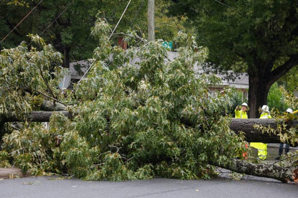 Duke Energy employees examine a fallen tree lays across Holt Street as Hurricane Ian and its remnants begins to arrive in Charlotte, N.C., Friday., Sept. 30, 2022.