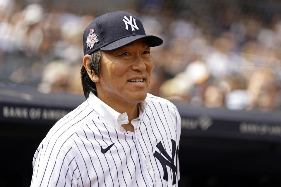 Former New York Yankees' Hideki Matsui, of Japan, is seen during Yankees Old-Timers' Day ceremony before a baseball game against the Milwaukee Brewers on Saturday, Sept. 9, 2023, in New York. (AP Photo/Adam Hunger)