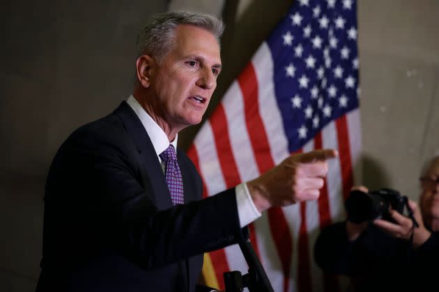 House Speaker Kevin McCarthy (R-Calif.) talks to reporters outside his office at the Capitol following a meeting with President Joe Biden on May 22, 2023, in Washington, D.C.