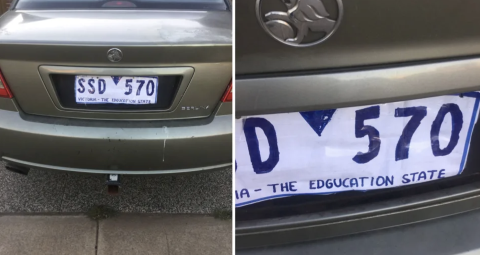 Drawn-on plates in Victoria showing a spelling error, The Edgucation State. 