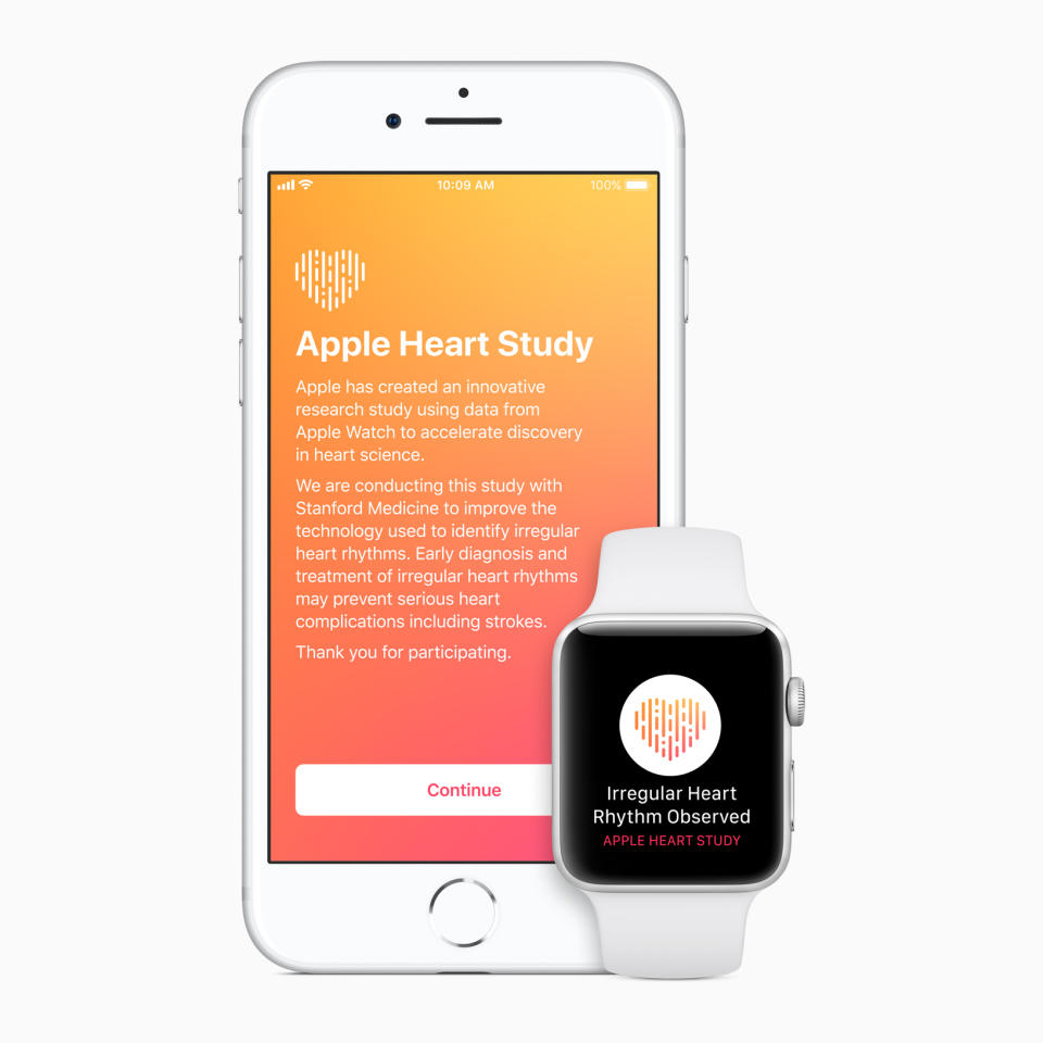 An iPhone with a description of the Apple Heart Study, and an Apple Watch with a notification reading "Irregular Heart Rhythm Observed"