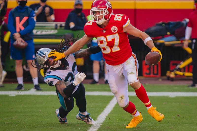 Kansas City Chiefs tight end Travis Kelce (R) is among my Top 14 fantasy football players for 2023. File Photo by Kyle Rivas/UPI