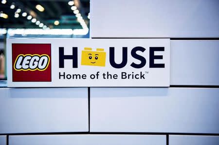 A LEGO logo is displayed during a news conference in Copenhagen, Denmark, February 16, 2017 ahead of the September opening of the LEGO House Experience Centre in Billund. Scanpix Denmark/ Ida G. Arentsen/via Reuters