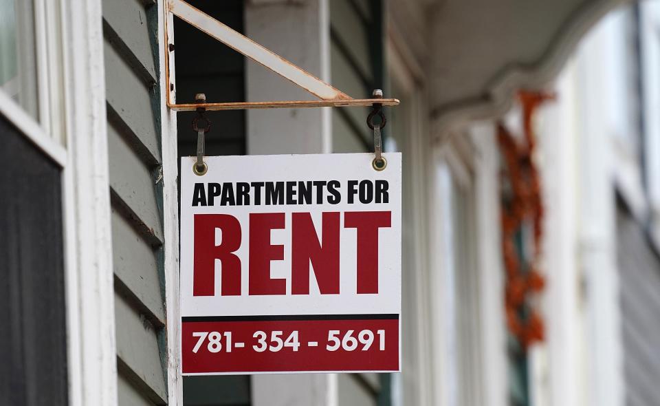 A "for rent" sign in downtown Portsmouth.
