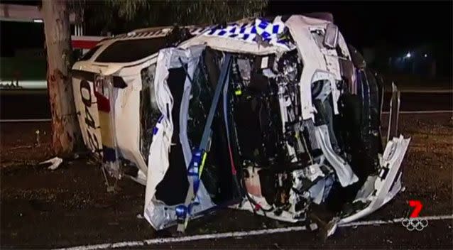 What's left of the police car. Source: 7News