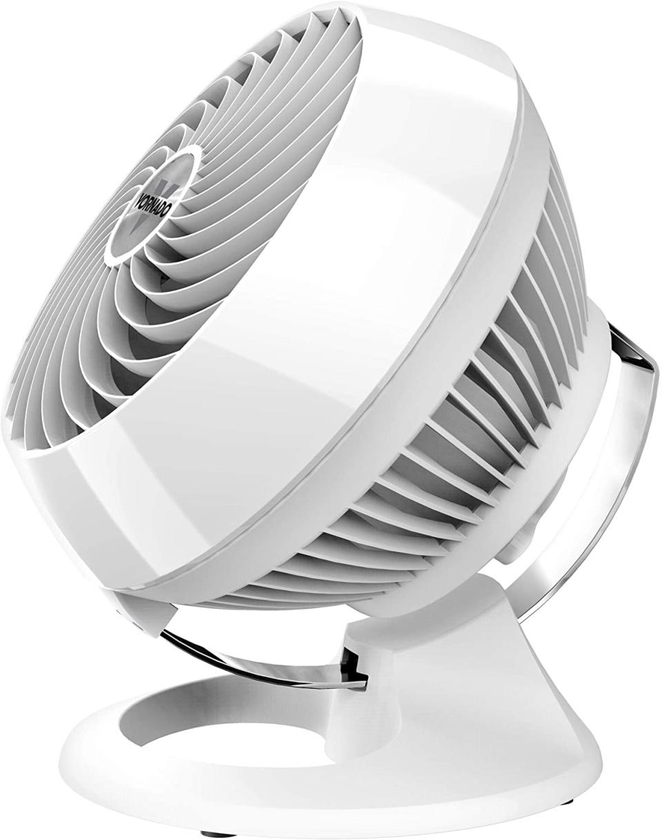 The small white Vornado Air Circulator 460 Small Air Circulator, $135 sits tilted on its stand.