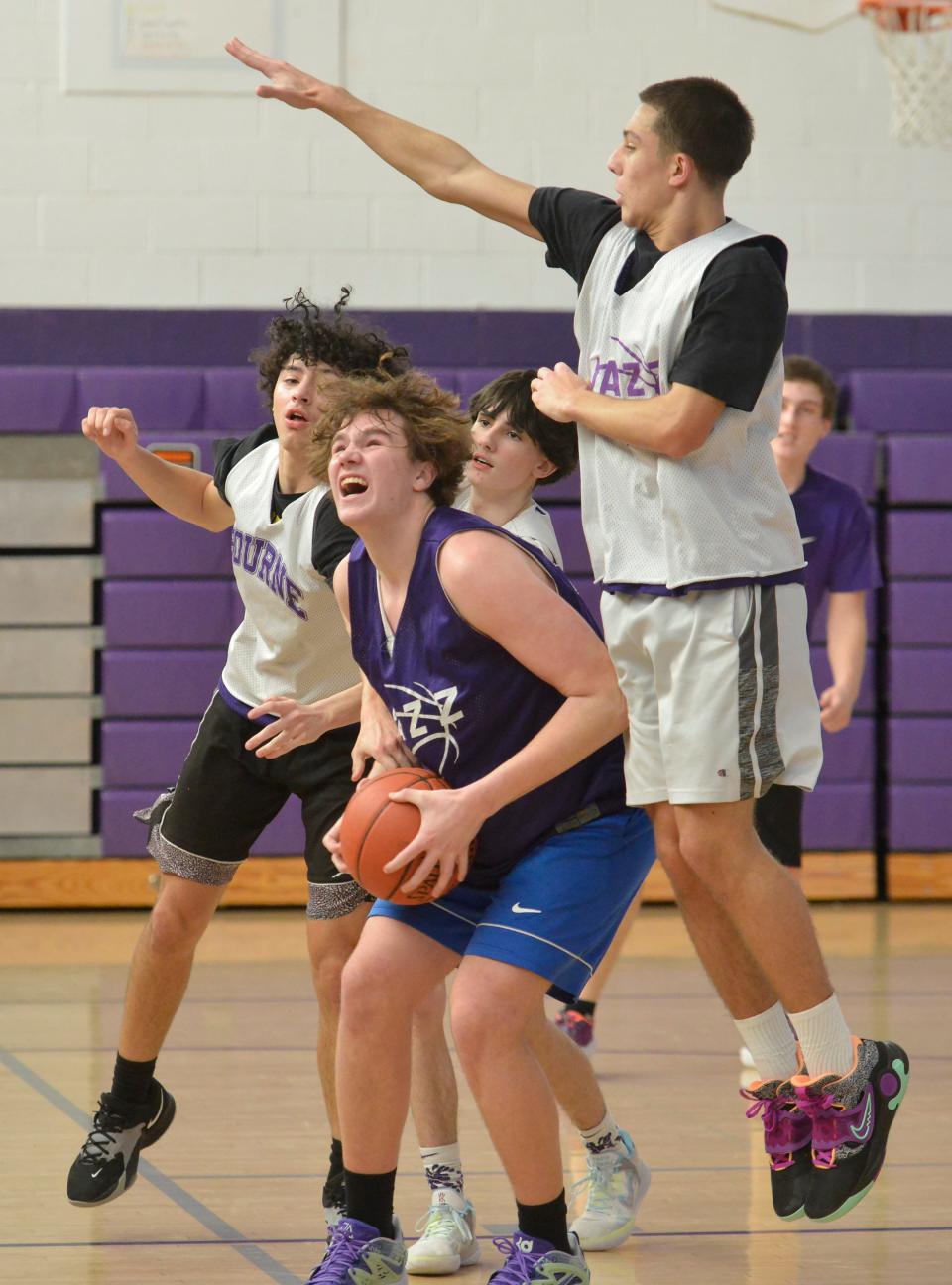 Bourne's Nate Reynolds grabs a loose ball and goes up for a basket during a practice drill. The Bourne High School boys basketball team held a practice Thursday afternoon. Merrily Cassidy/Cape Cod Times
(Photo: Merrily Cassidy/Cape Cod Times)