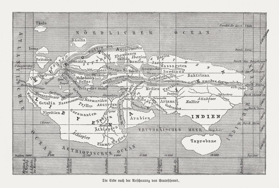 Mapa del mundo según Eratóstenes de Cirene. Grabado en madera, publicado en 1888.