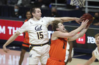 California forward Grant Anticevich defends against Oregon State forward Zach Reichle during the first half of an NCAA college basketball game in Berkeley, Calif., Thursday, Feb. 25, 2021. (AP Photo/Jed Jacobsohn)