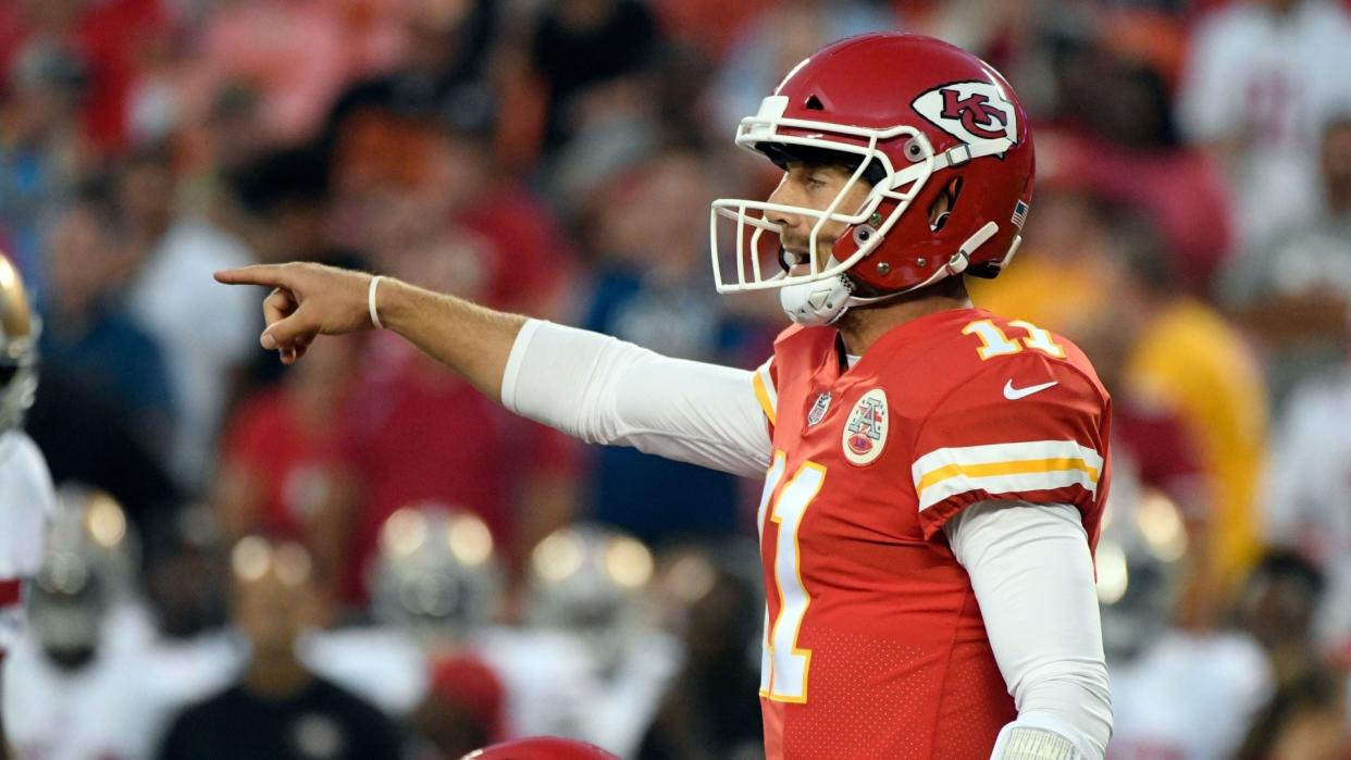 Mandatory Credit: Photo by AP/Shutterstock (9175832ht)Kansas City Chiefs quarterback Alex Smith (11) points at the line of scrimmage during the first half of an NFL preseason football game against the San Francisco 49ers in Kansas City, Mo49ers Chiefs Football, Kansas City, USA - 11 Aug 2017.