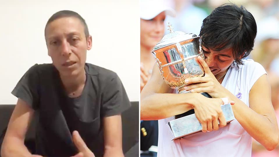 Francesca Schiavone (pictured right) hugging the French Open trophy and (pictured left) following her battle with cancer.