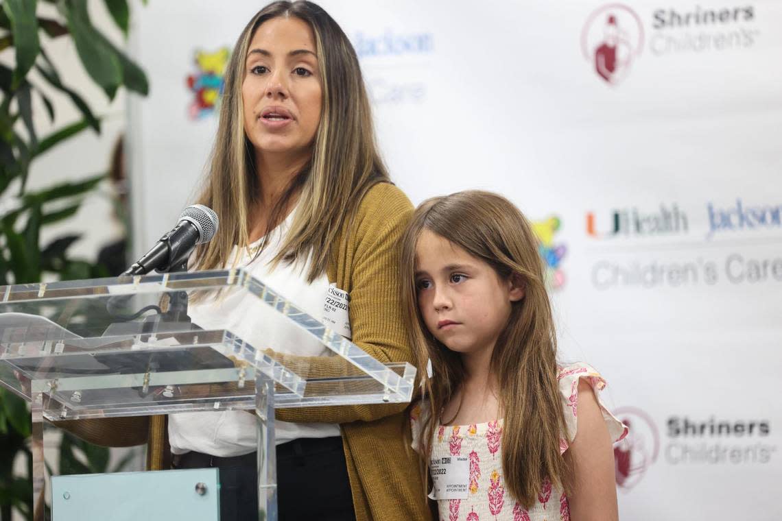 Sarah and Sofia Lunn, 7, right, speak about Sofia’s experience at Jackson during a press conference on July 22, 2022. Jackson Health System, University of Miami Health and Shriners Children’s are partnering to open a new pediatric orthopedic center at Jackson.