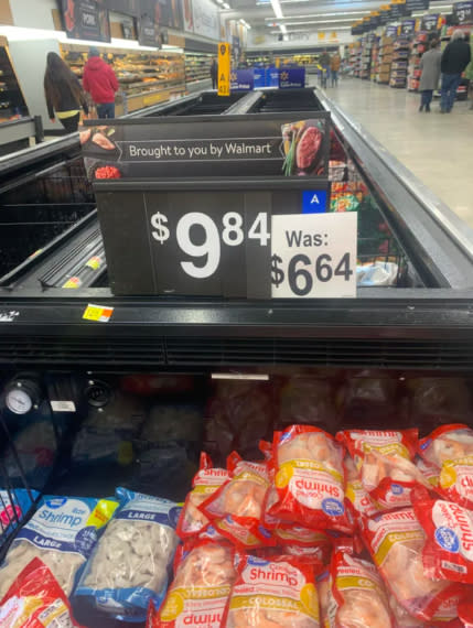 Frozen shrimp at a Walmart store priced at $9.84, increased from $6.64