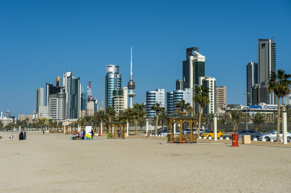 Shuwaikh beach and skyline of Kuwait City, Kuwait, Middle East