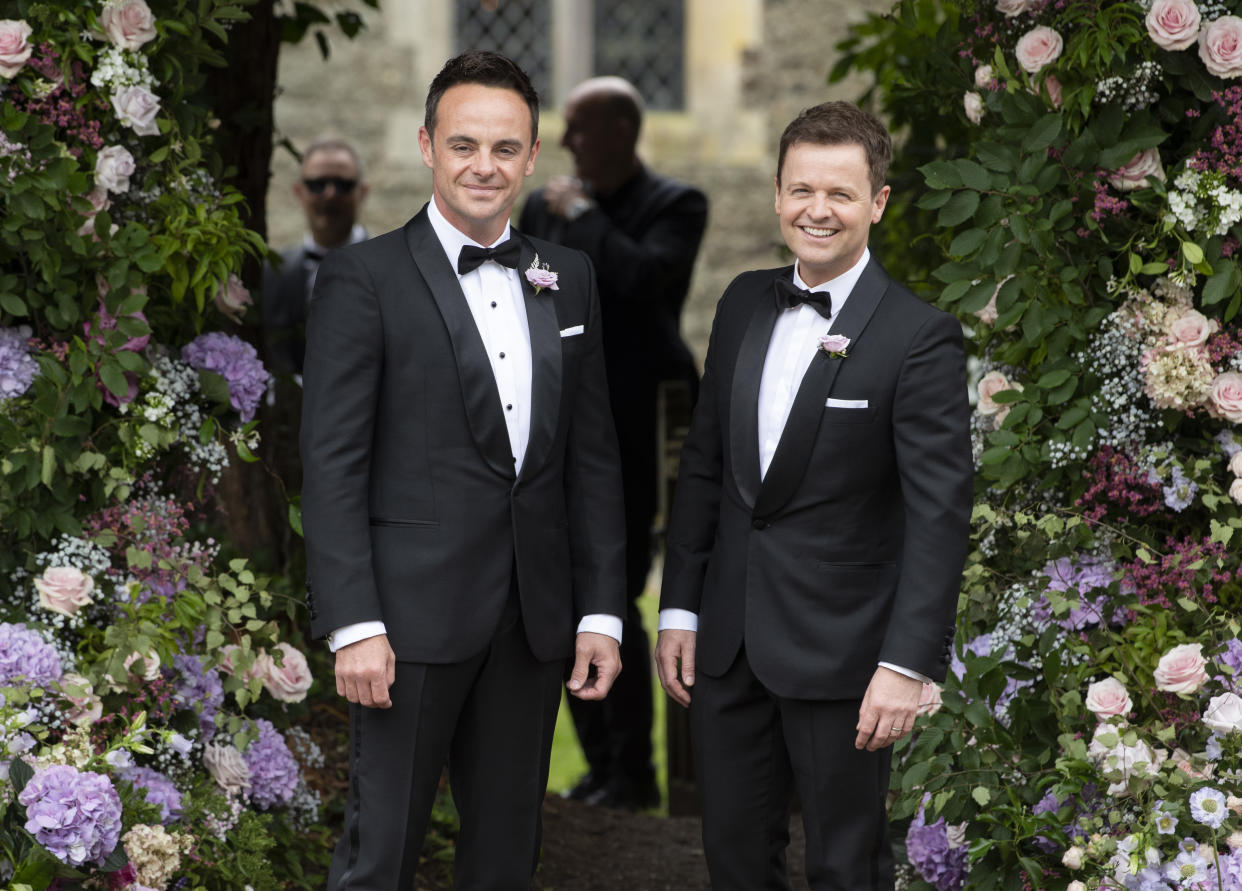 Ant McPartlin and Best Man Declan Donnelly attending the wedding of Ant McPartlin and Anne-Marie Corbett at St Michael's Church, Heckfield, Hampshire. Credit: Doug Peters/EMPICS