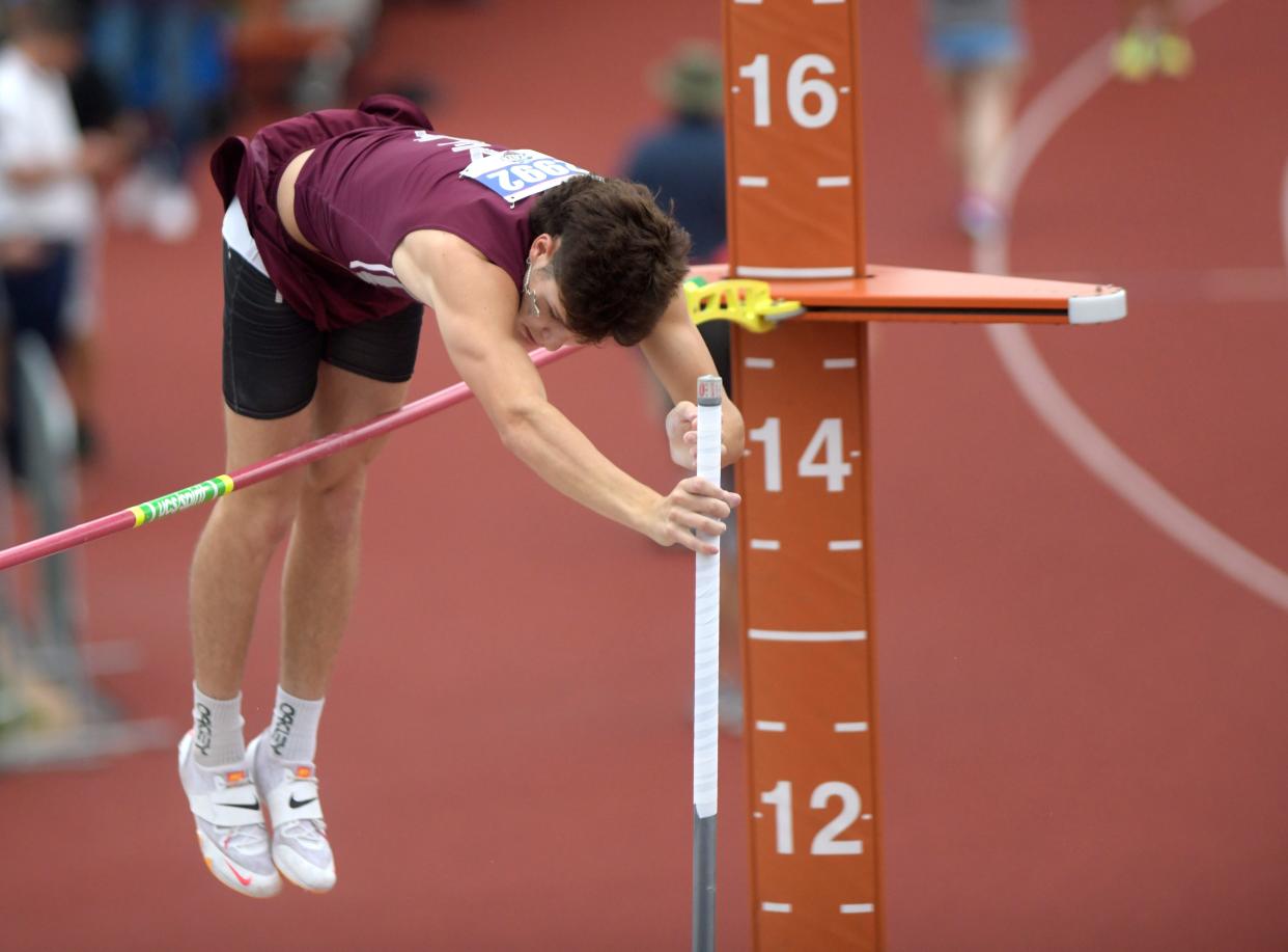 Roosevelt's Dakota Zuber competes in the pole vault during the Class 3A UIL State track and field meet, Thursday, May 2, 2024, at Mike A. Myers Stadium in Austin.