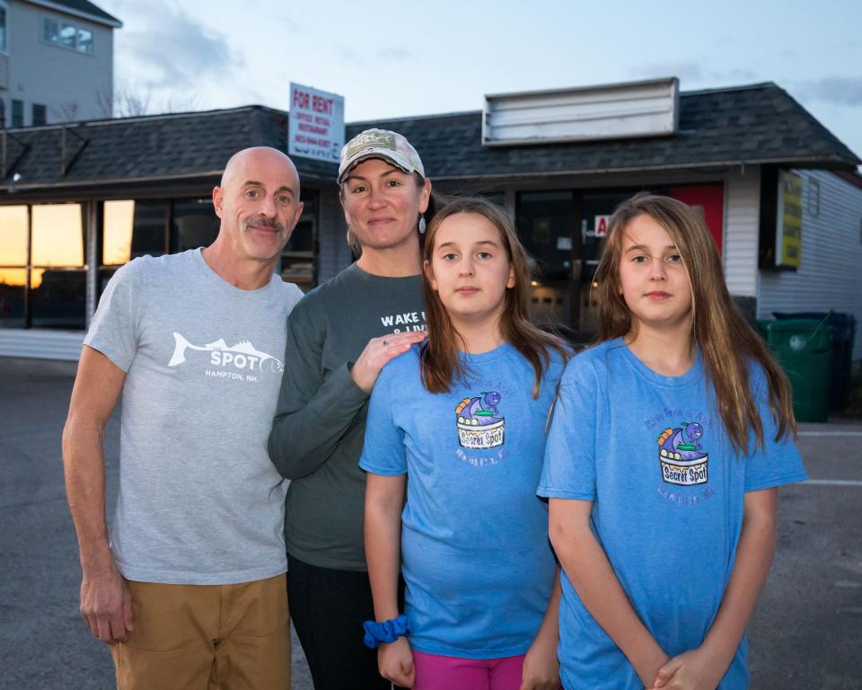 Jon and Sarah Gozzo pose with their twins, Maeve and Lyona in front of their new Secret Spot eatery location at 590 High Street. Their original location next door was destroyed by a fire on August 19, 2022.