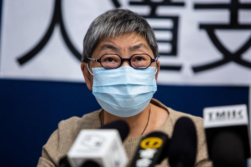 Barrister Margaret Ng speaks at a press conference at Salesian Missionary House in Hong Kong on August 18, 2021, to announce the closure of the 612 Humanitarian Relief Fund, established to support democracy protesters. (Photo by ISAAC LAWRENCE / AFP) (Photo by ISAAC LAWRENCE/AFP via Getty Images)