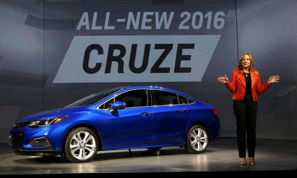 FILE PHOTO: General Motors CEO Mary Barra talks about the new 2016 Chevy Cruze vehicle at the Filmore Theater in Detroit, Michigan, June 24, 2015. REUTERS/Rebecca Cook/File Photo