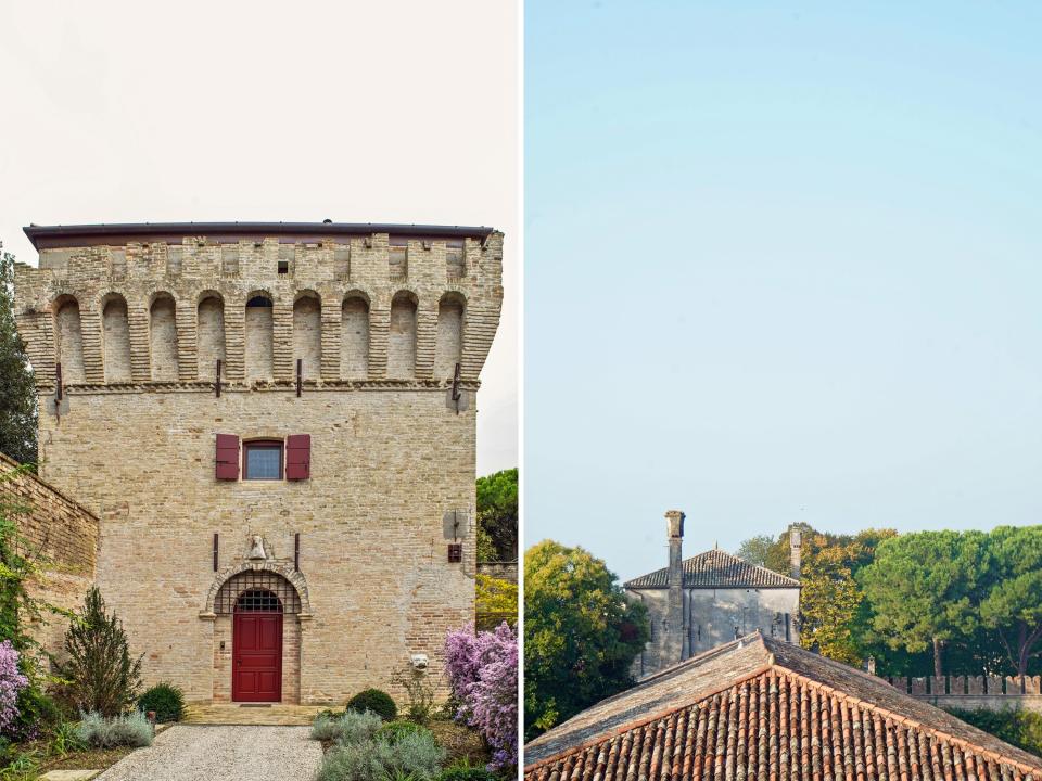 The tower the author stayed in (L) and a view out the window of her room (R).