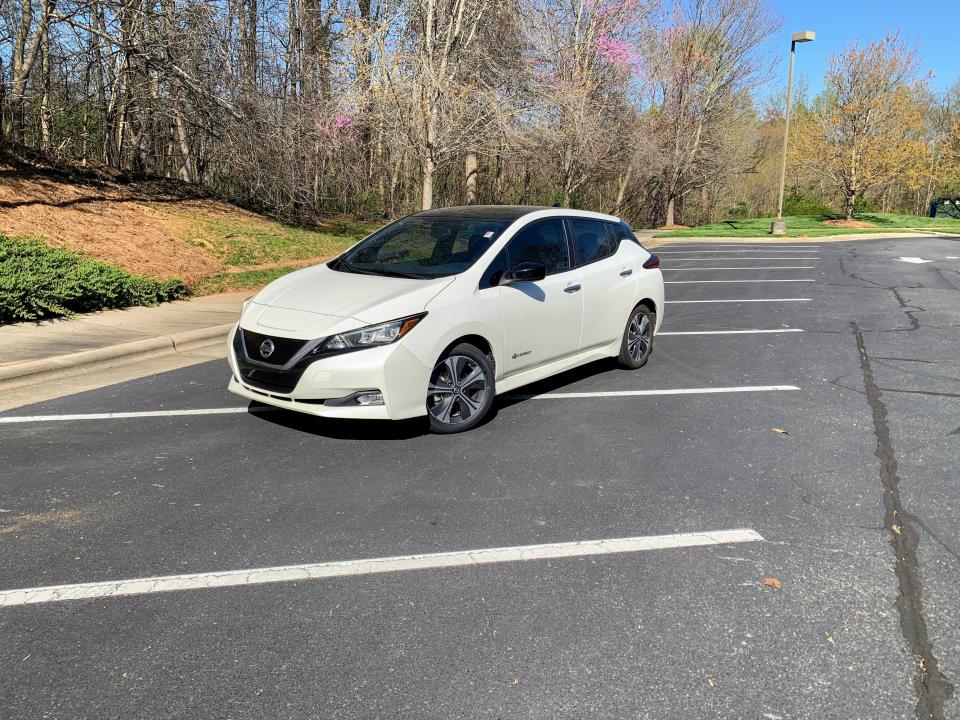 A white 2018 Nissan Leaf.