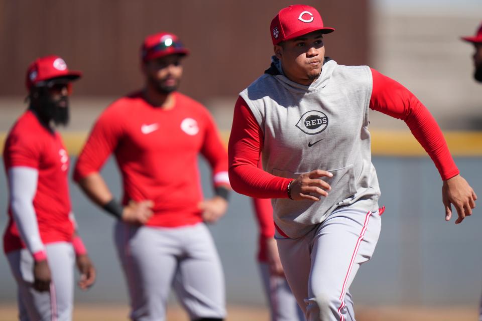 Cincinnati Reds infielder Noelvi Marte runs the bases during spring training workouts , Monday, Feb. 19, 2024, at the team's spring training facility in Goodyear, Ariz.